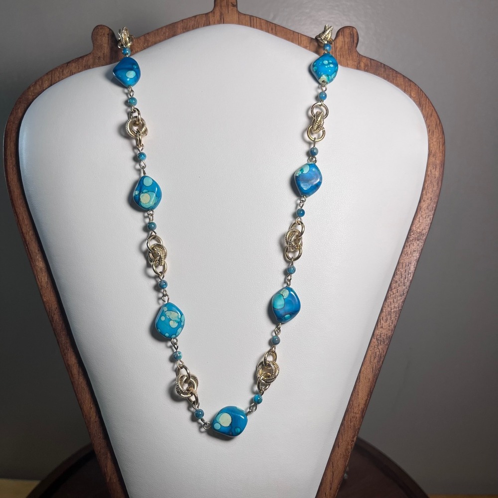 Vtg Chinese Style Turquoise Blue Stone Link Necklace Gold Tone 36 Inch